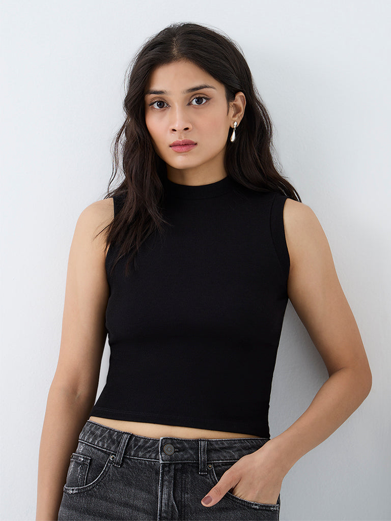 Nuon Black Ribbed-Textured Top