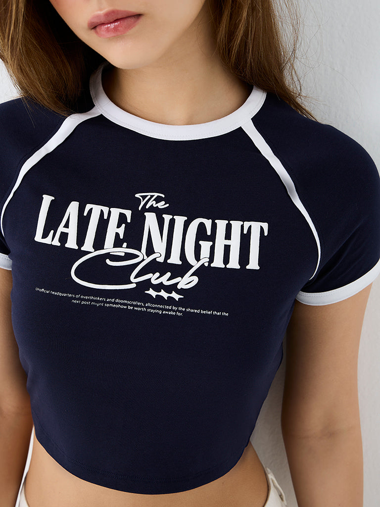 Nuon Navy Text Printed Cotton-Blend T-Shirt
