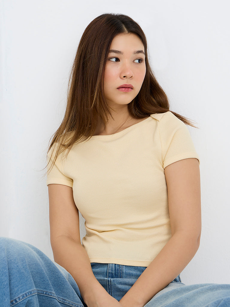 Nuon Light Yellow Ribbed Cotton-Blend T-Shirt