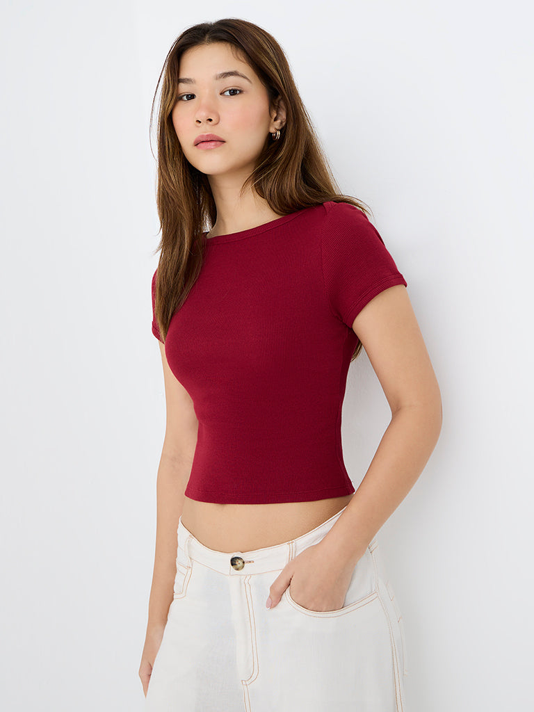 Nuon Burgundy Ribbed-Textured Cotton-Blend T-Shirt