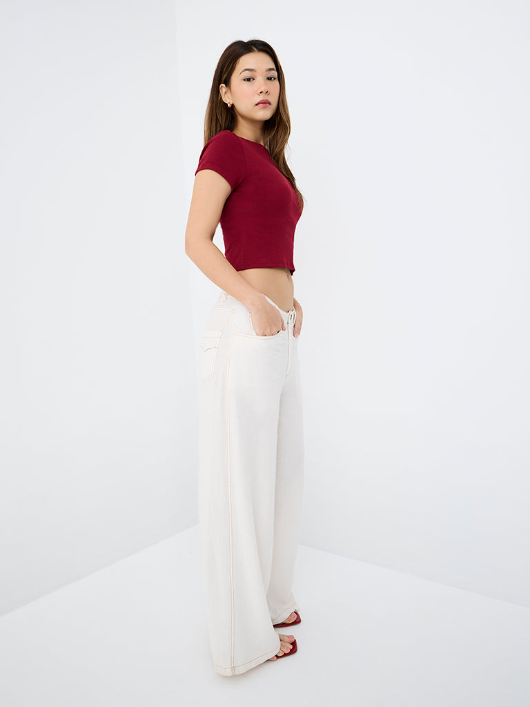 Nuon Burgundy Ribbed-Textured Cotton-Blend T-Shirt