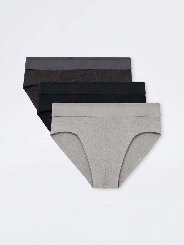 WES Lounge Grey Relaxed-Fit Cotton-Blend Briefs- Pack of 3