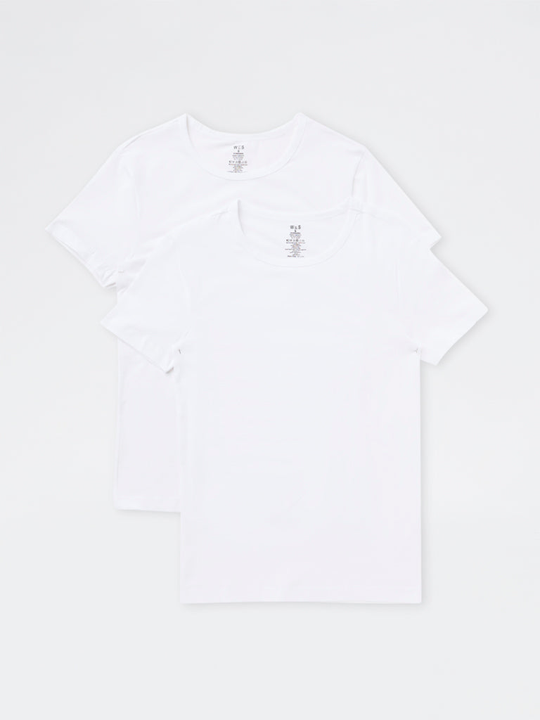 WES Lounge White Solid Relaxed-Fit Cotton-Blend Vests - Pack of 2
