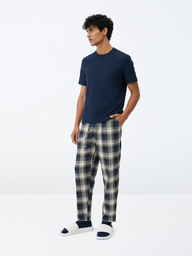 WES Lounge Navy Checkered Straight-Fit Cotton Pyjamas