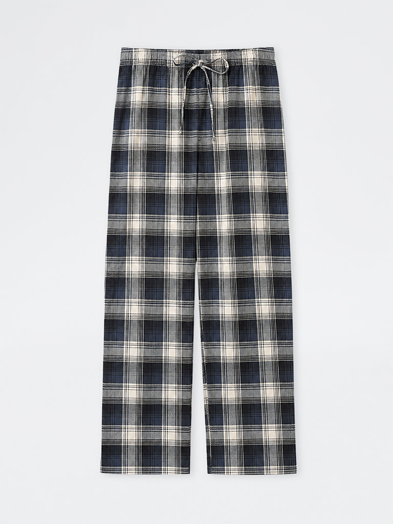 WES Lounge Navy Checkered Straight-Fit Cotton Pyjamas