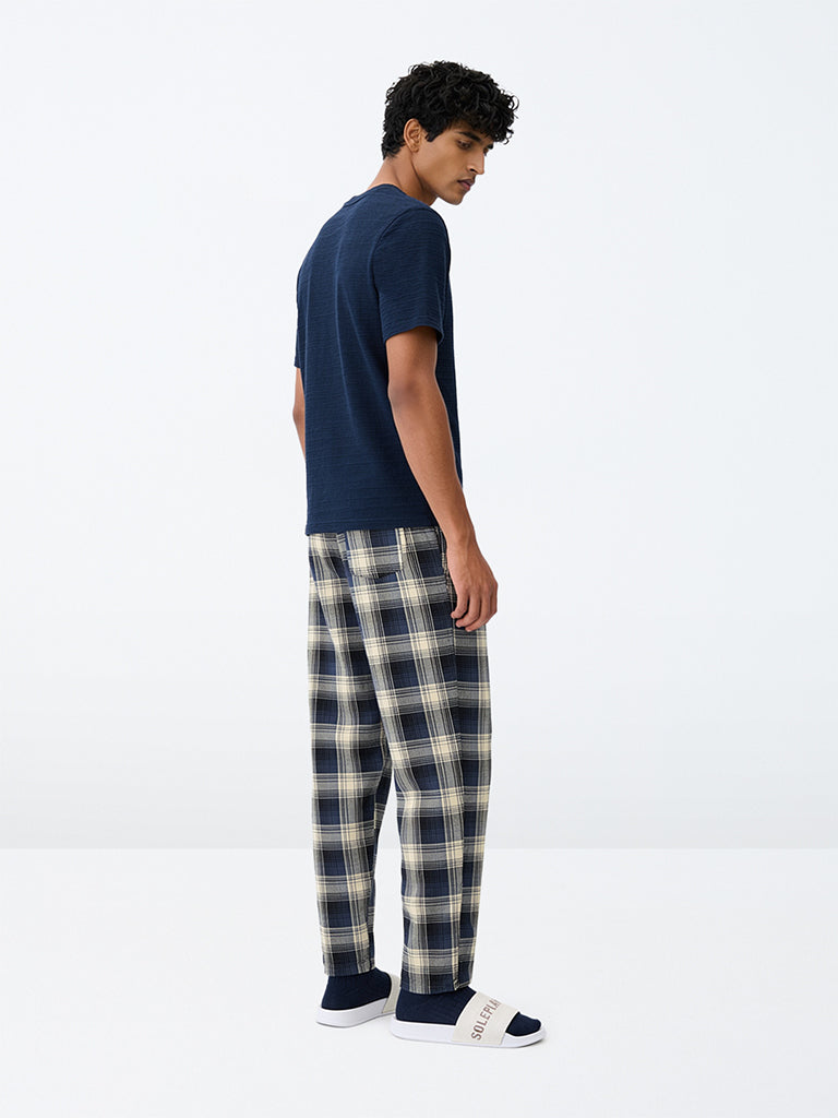 WES Lounge Navy Checkered Straight-Fit Cotton Pyjamas