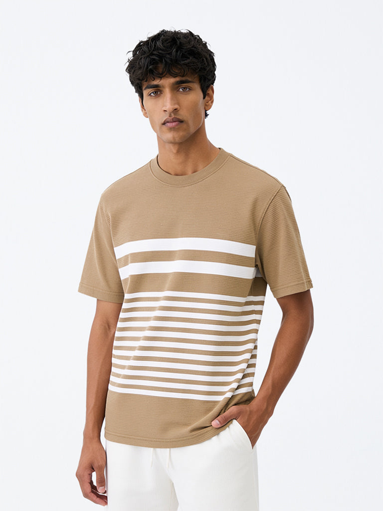 WES Lounge Beige Striped Relaxed-Fit Cotton-Blend T-Shirt