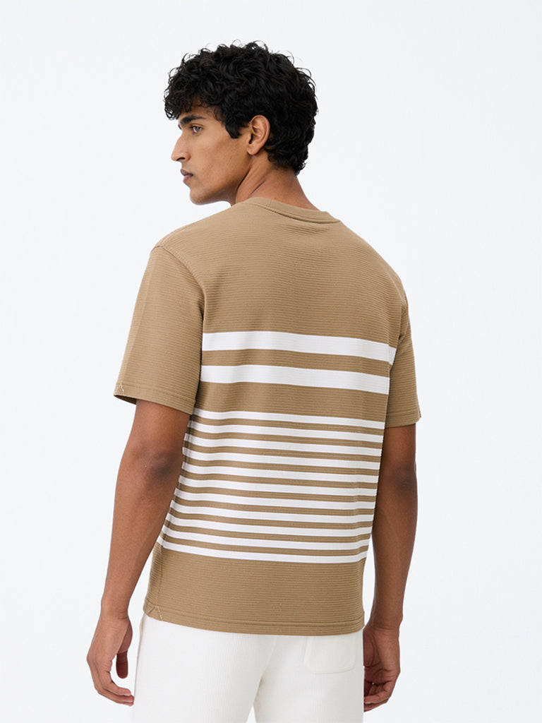 WES Lounge Beige Striped Relaxed-Fit Cotton-Blend T-Shirt