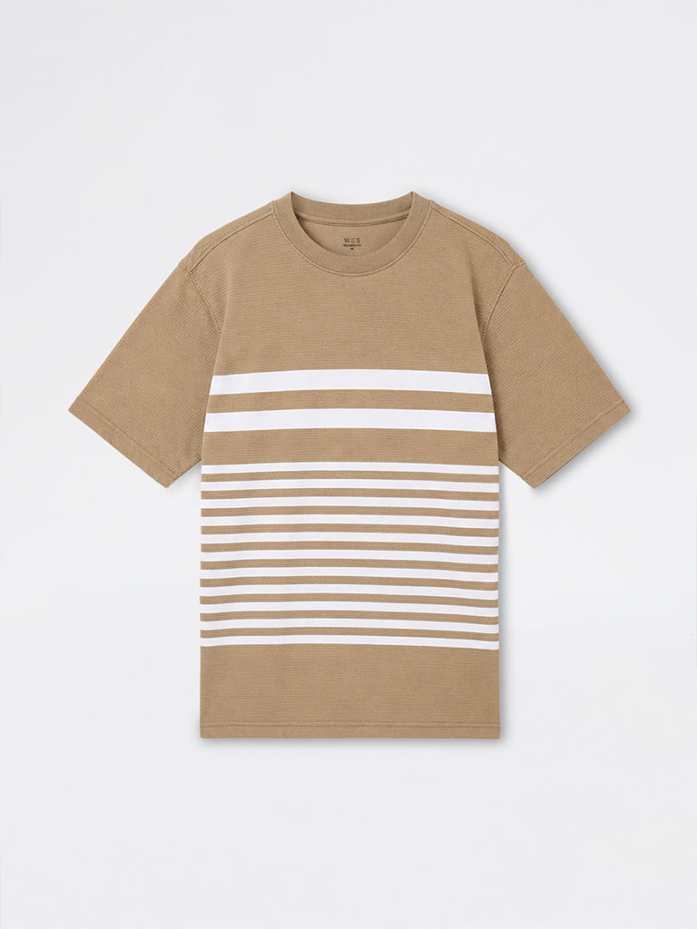 WES Lounge Beige Striped Relaxed-Fit Cotton-Blend T-Shirt