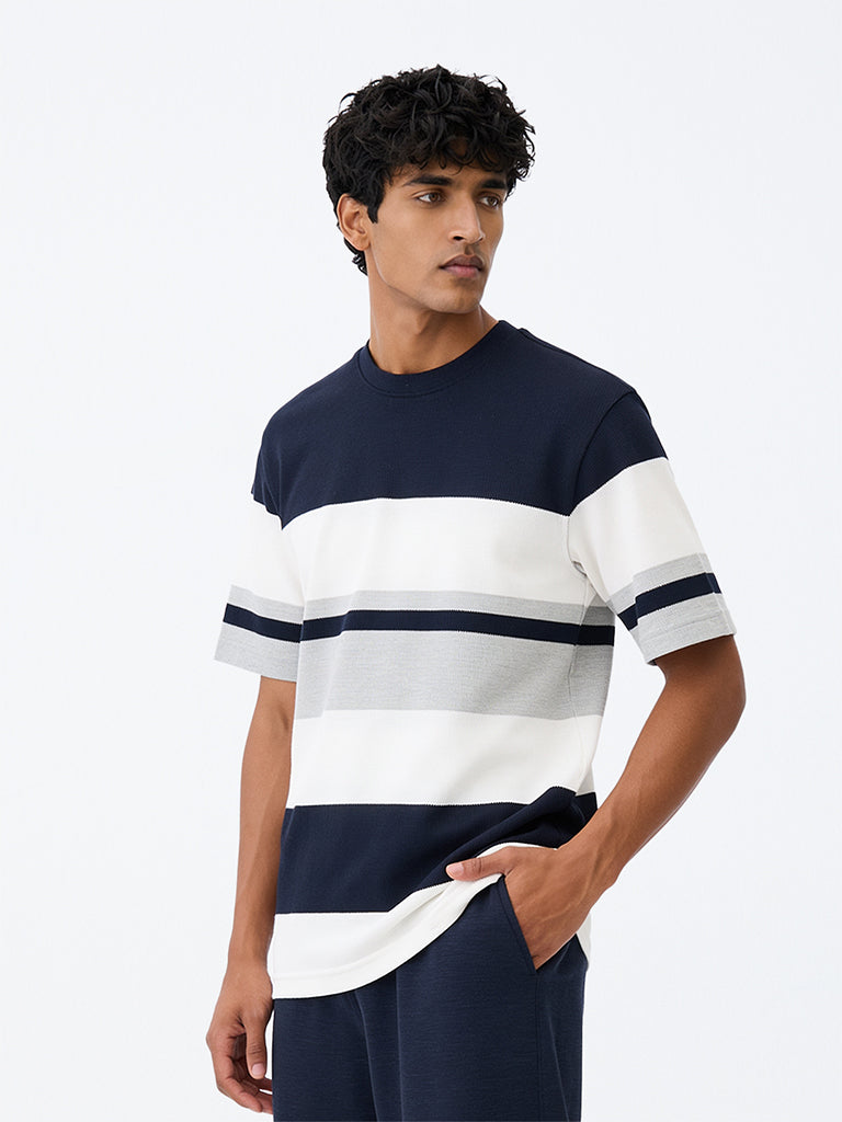 WES Lounge Navy Striped Relaxed-Fit Cotton-Blend T-Shirt