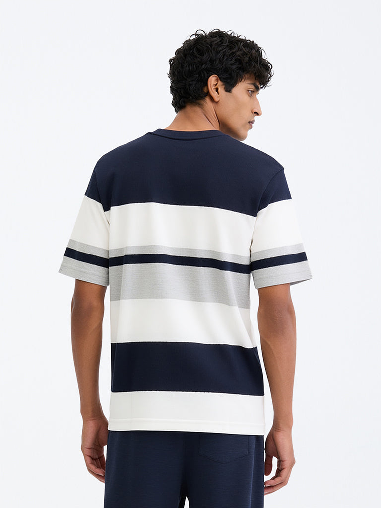 WES Lounge Navy Striped Relaxed-Fit Cotton-Blend T-Shirt