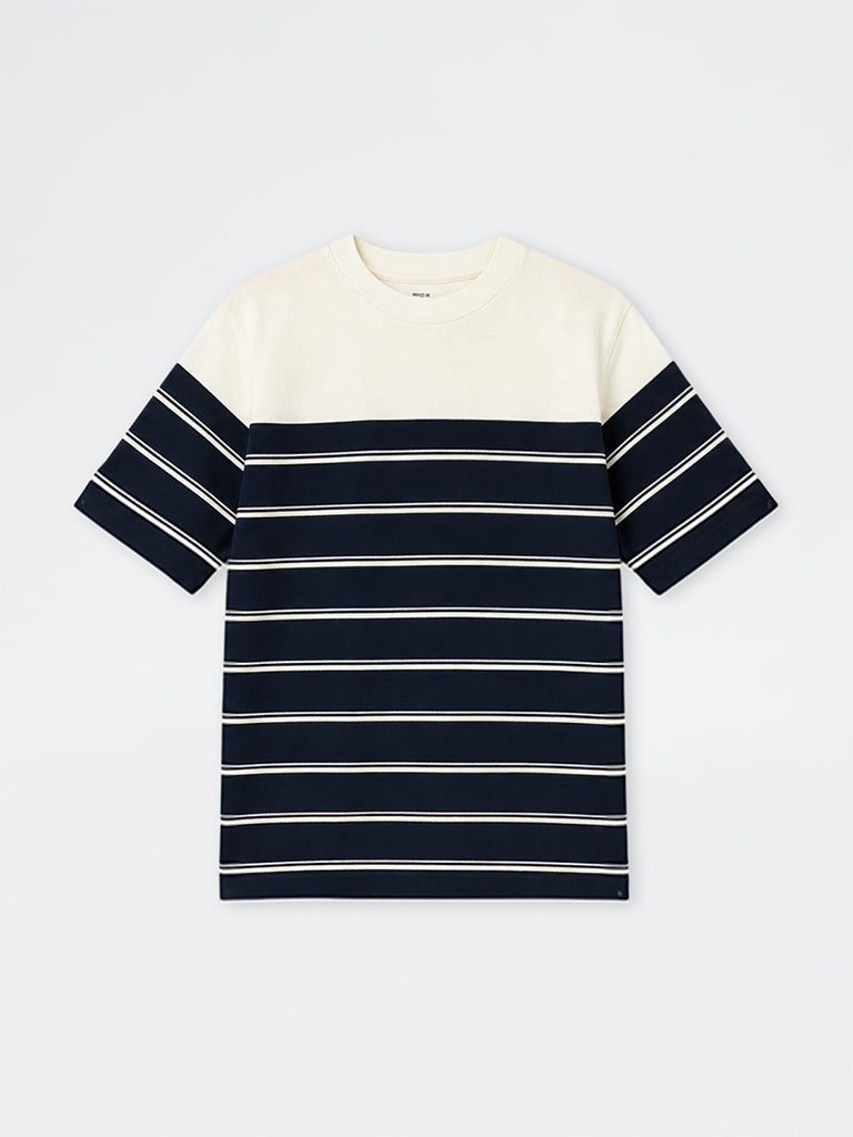 WES Lounge Navy Striped Relaxed-Fit Cotton-Blend T-Shirt