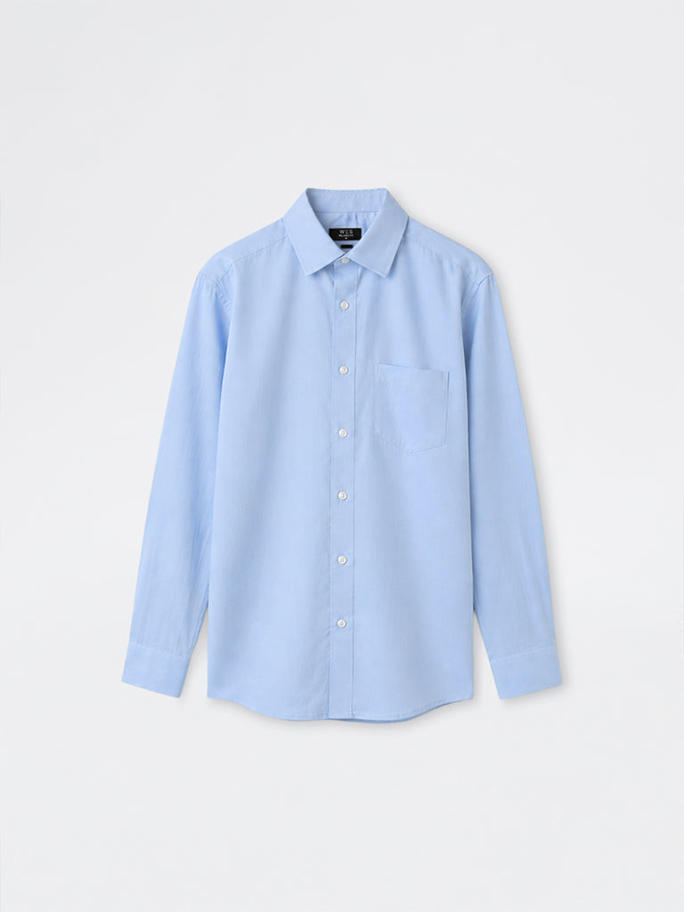WES Formals Blue Solid Relaxed-Fit Cotton Shirt