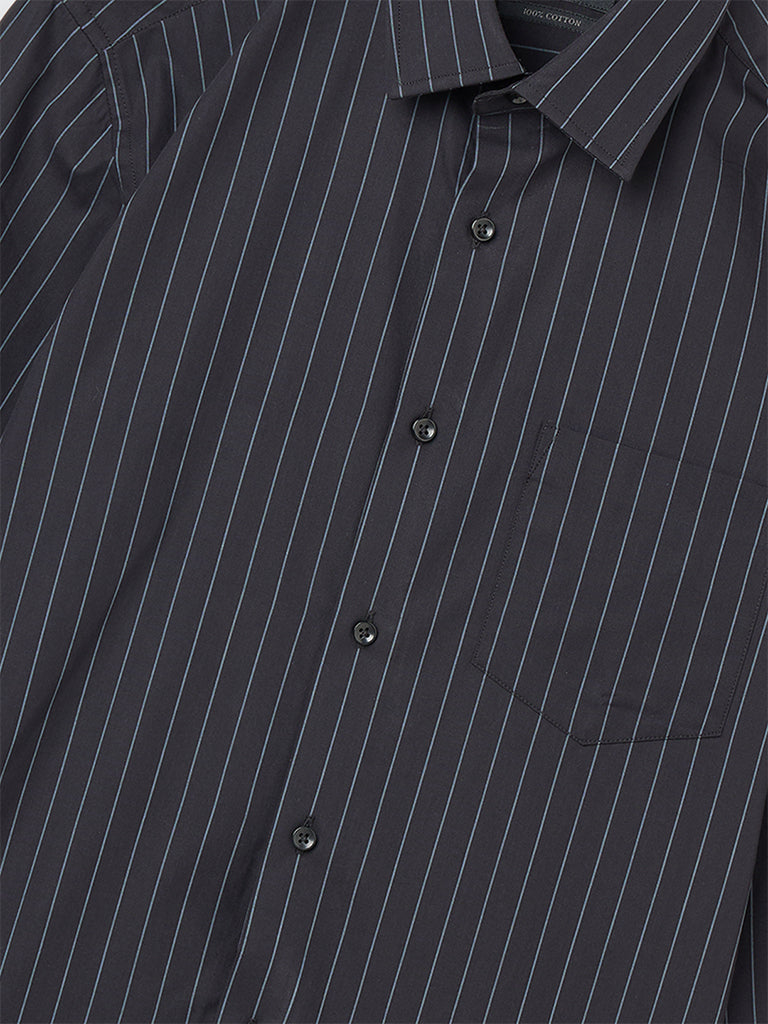 WES Formals Black Pinstriped Slim-Fit Cotton Shirt