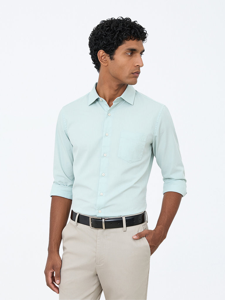 WES Formals Mint Solid Slim-Fit Cotton Shirt