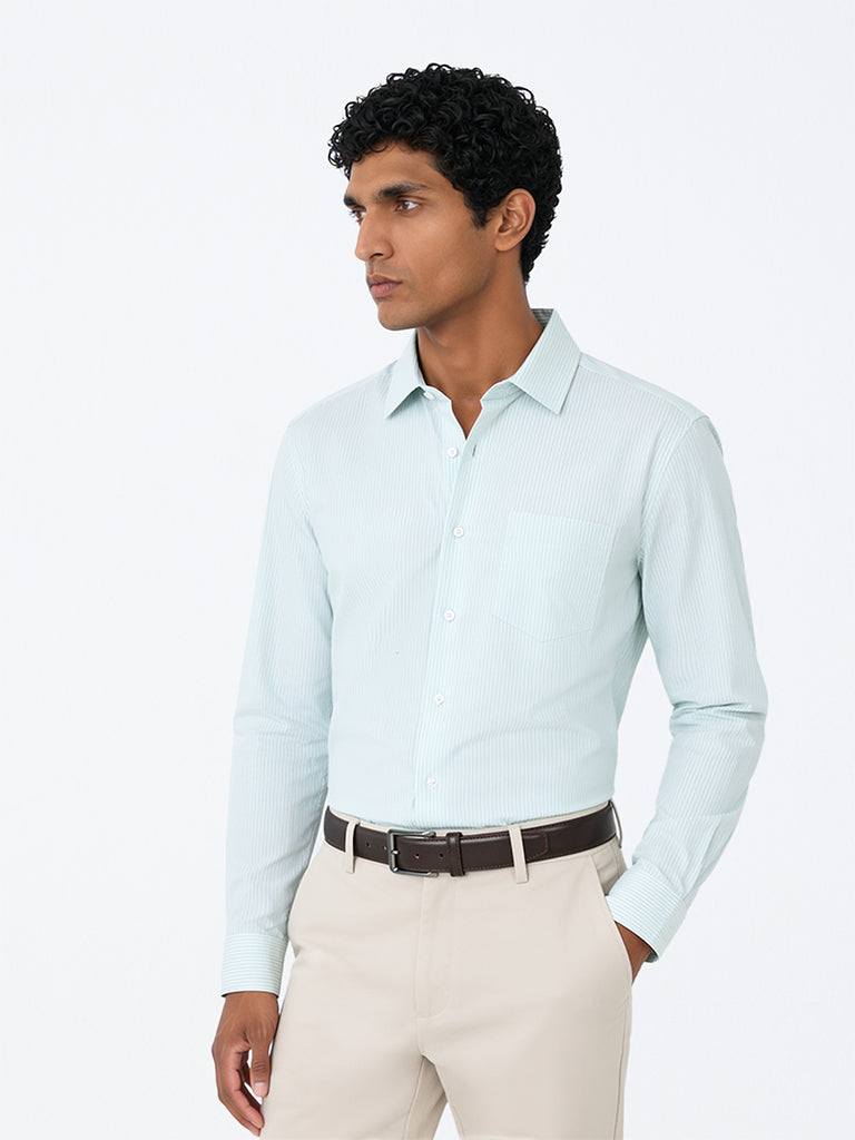 WES Formals Mint Striped Slim-Fit Cotton Shirt