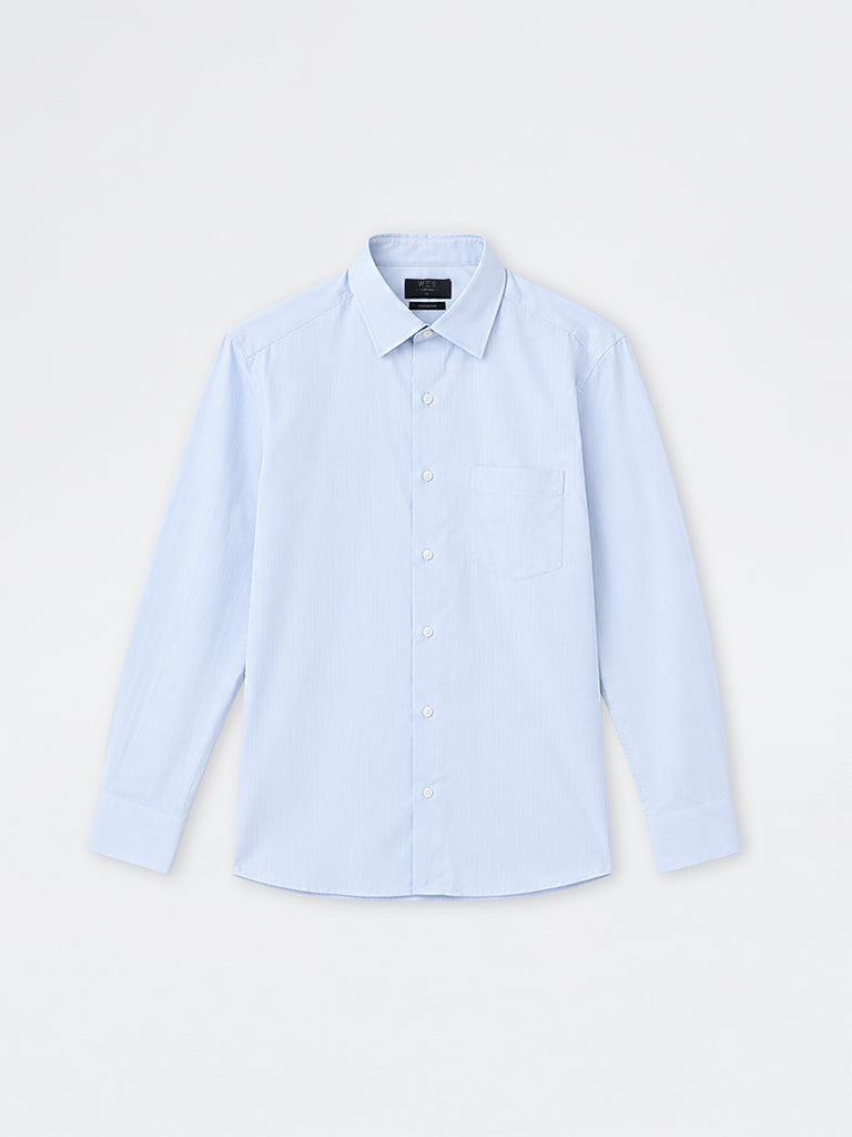 WES Formals Light Blue Solid Slim-Fit Cotton Shirt