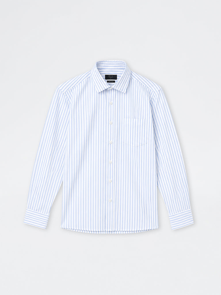WES Formals Light Blue Striped Slim-Fit Cotton Shirt