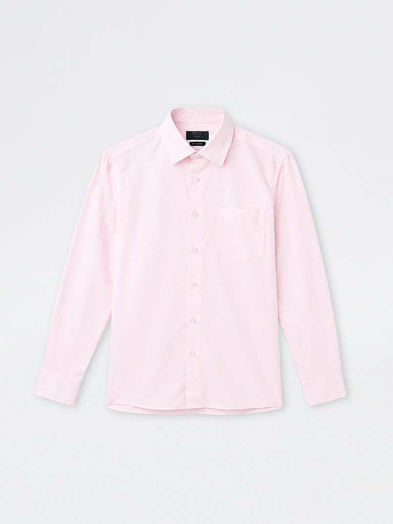 WES Formals Light Pink Solid Slim-Fit Cotton Shirt
