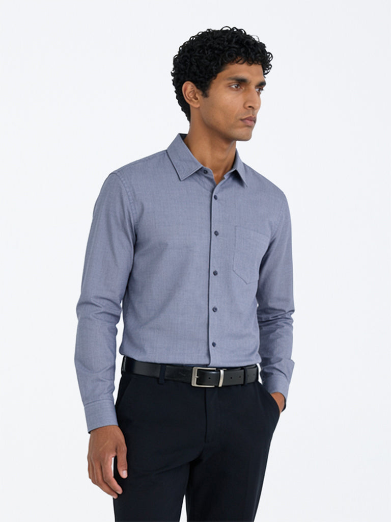 WES Formals Navy Solid Slim-Fit Cotton Shirt