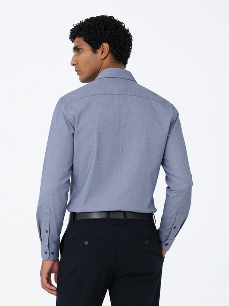 WES Formals Navy Solid Slim-Fit Cotton Shirt