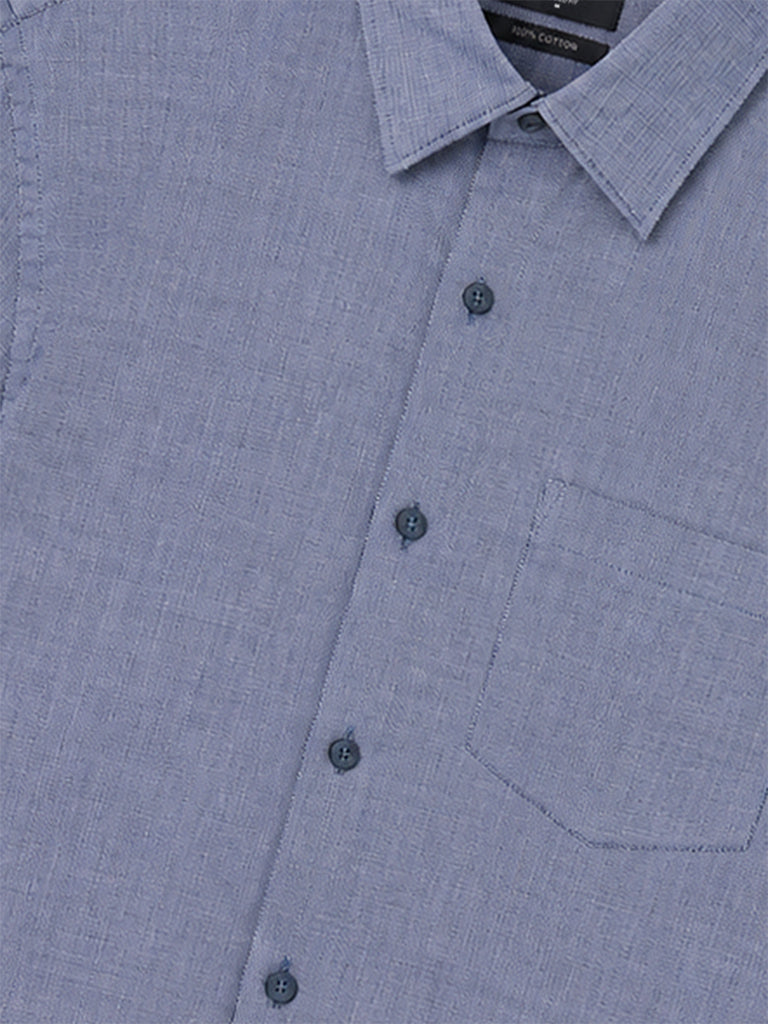 WES Formals Navy Solid Slim-Fit Cotton Shirt