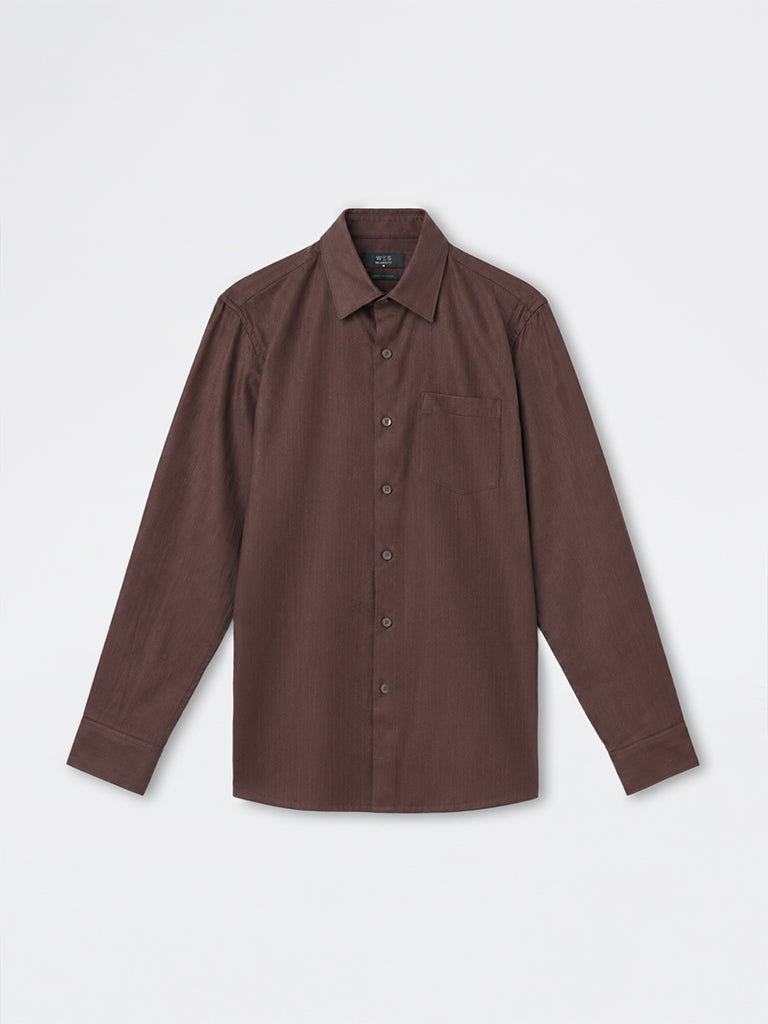 WES Formals Brown Solid Slim-Fit Cotton Shirt
