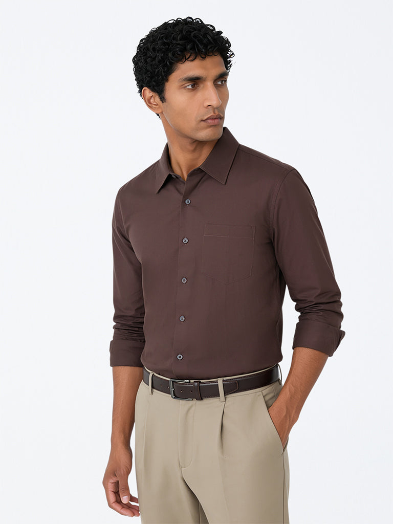 WES Formals Brown Solid Slim-Fit Cotton Shirt
