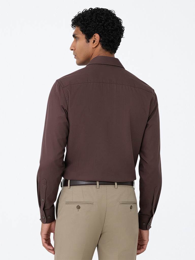 WES Formals Brown Solid Slim-Fit Cotton Shirt