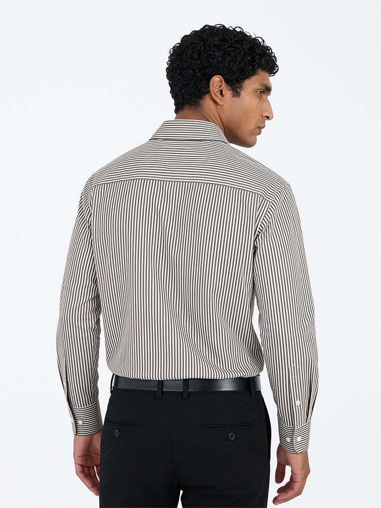 WES Formals Olive Striped Slim-Fit Cotton Shirt
