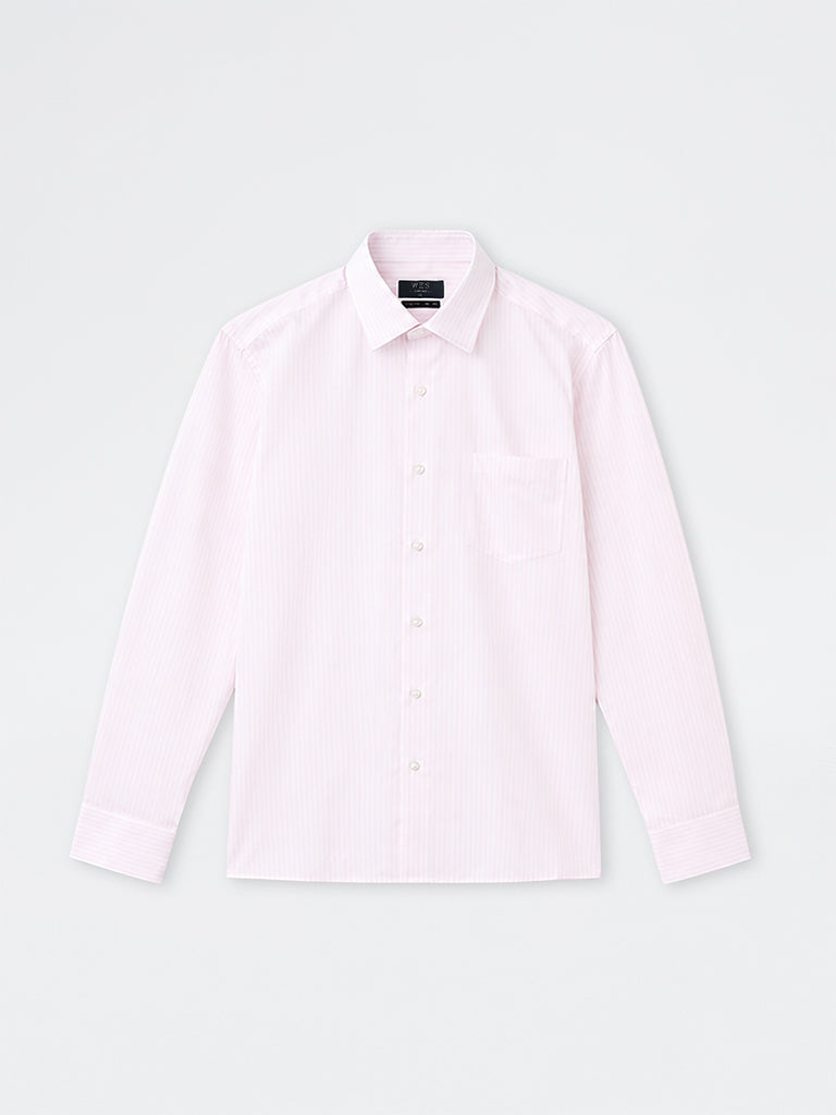 WES Formals Light Pink Striped Slim-Fit Cotton Shirt