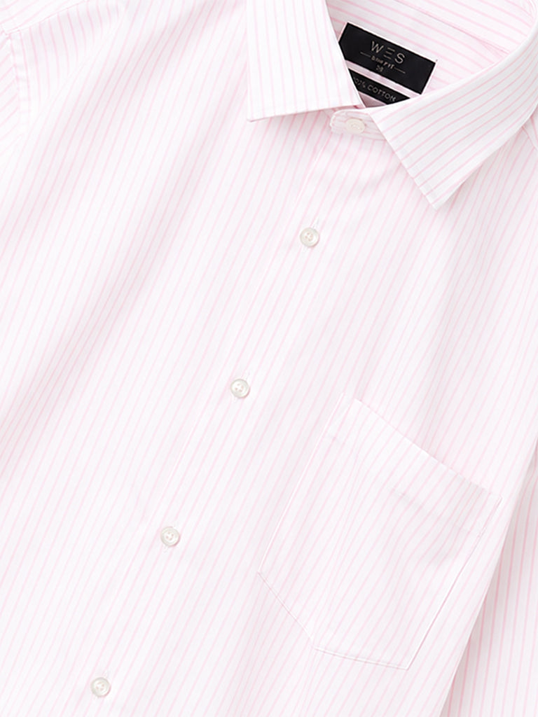 WES Formals Light Pink Striped Slim-Fit Cotton Shirt