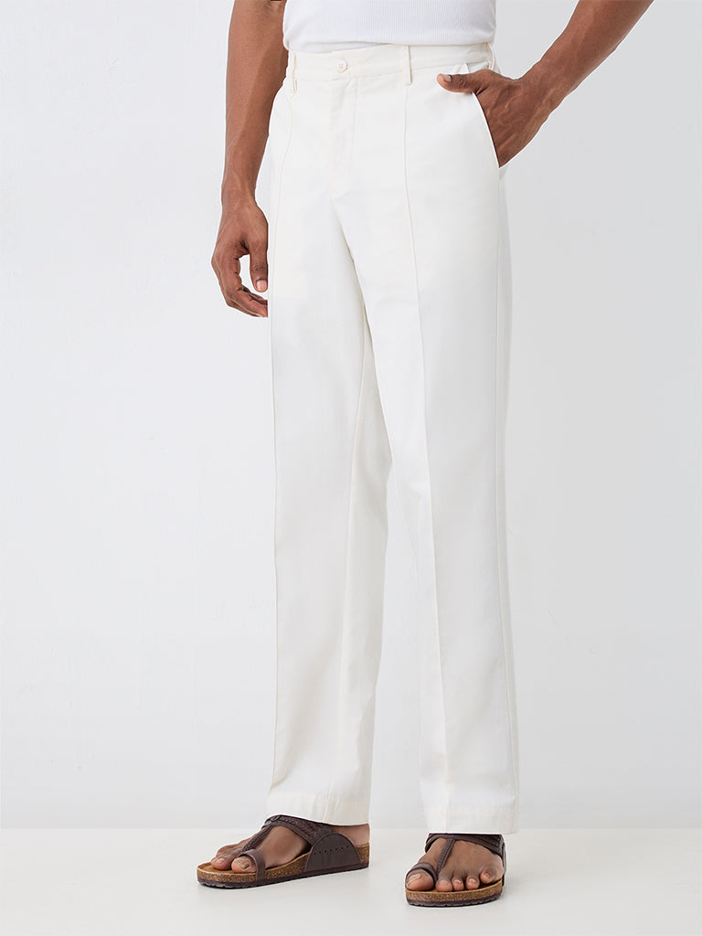 Kala by ETA Off-White Seam-Detailed Relaxed-Fit Mid-Rise Cotton Pants