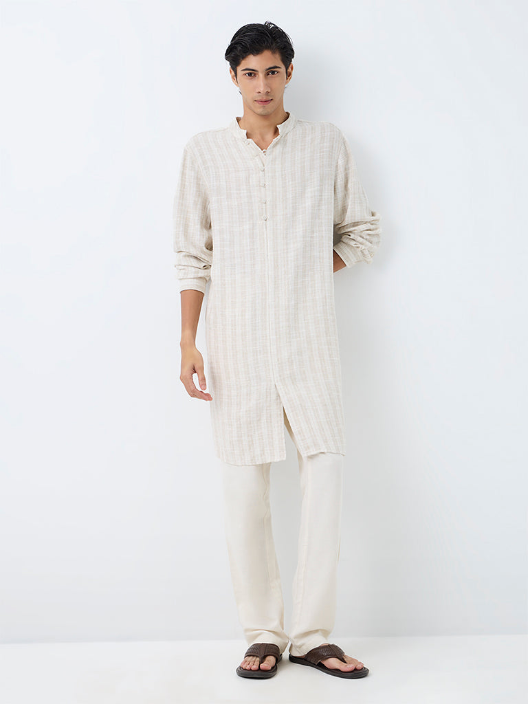 Kala by ETA Light Beige Striped Relaxed-Fit Cotton-Blend Kurta