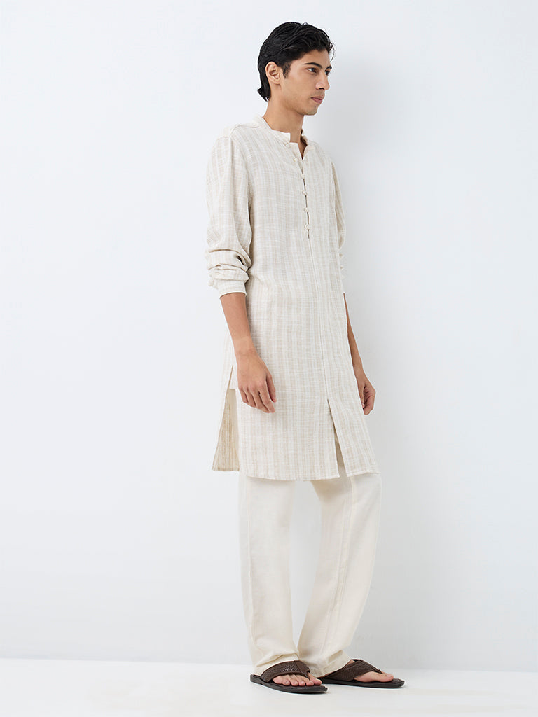 Kala by ETA Light Beige Striped Relaxed-Fit Cotton-Blend Kurta