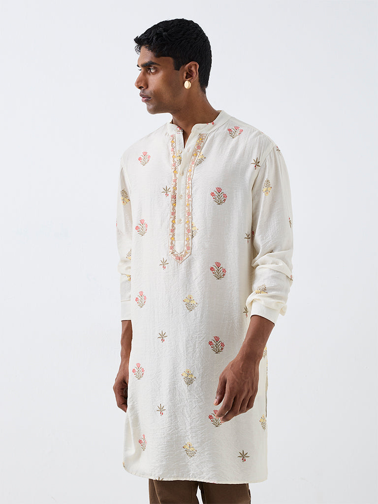 Kala by ETA Off-White Floral Embroidered Relaxed-Fit Kurta