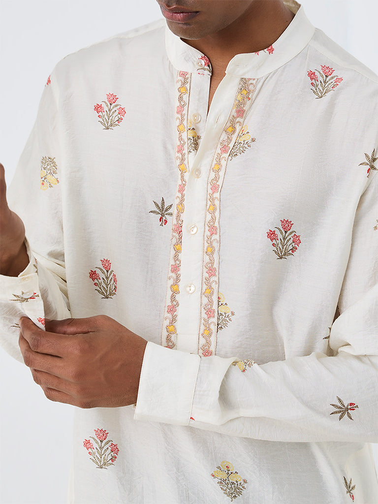 Kala by ETA Off-White Floral Embroidered Relaxed-Fit Kurta