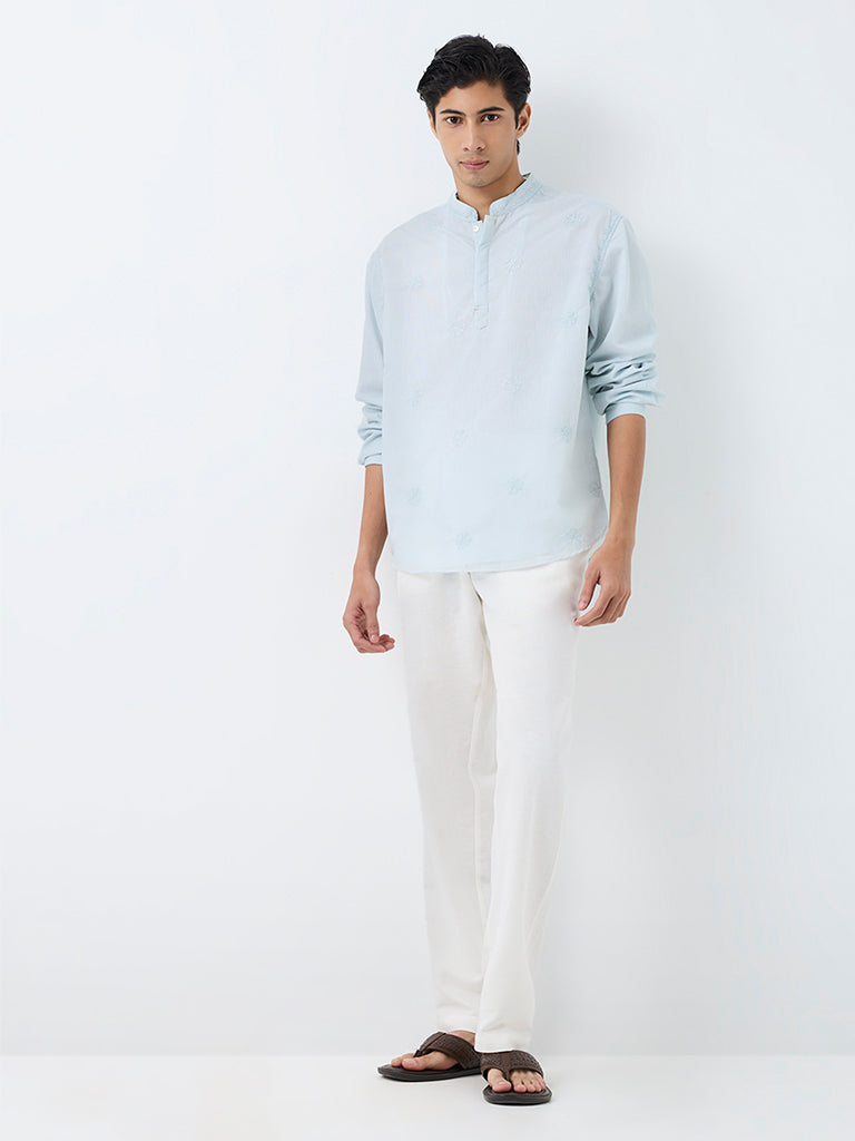 Kala by ETA Light Blue Floral Embroidered Relaxed-Fit Cotton-Blend Kurta