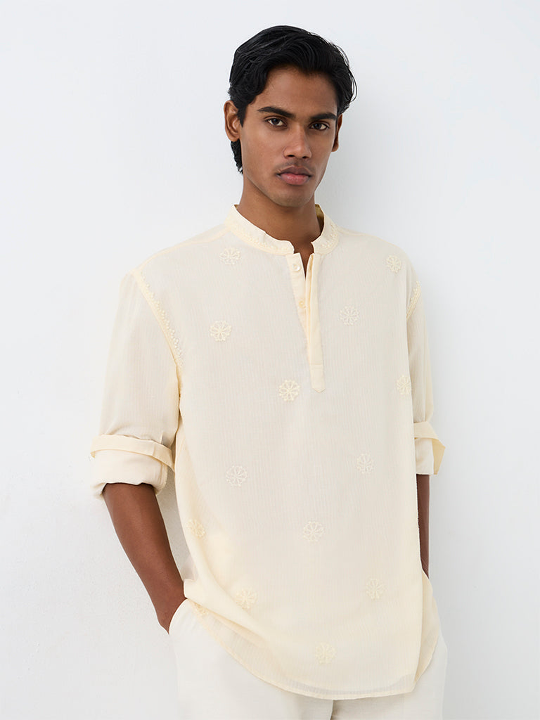 Kala by ETA Light Yellow Floral Embroidered Relaxed-Fit Cotton-Blend Short Kurta