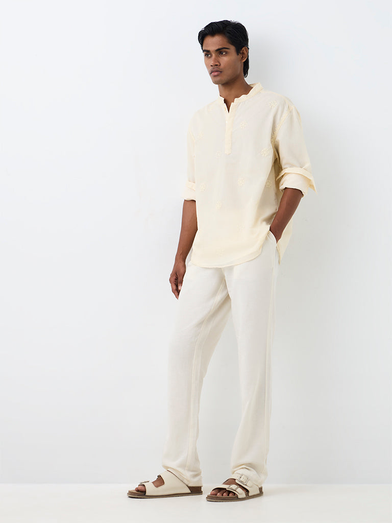 Kala by ETA Light Yellow Floral Embroidered Relaxed-Fit Cotton-Blend Short Kurta