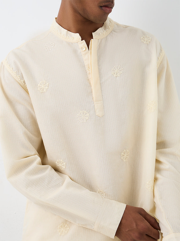 Kala by ETA Light Yellow Floral Embroidered Relaxed-Fit Cotton-Blend Short Kurta