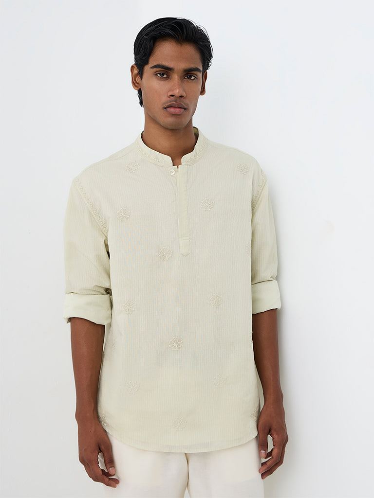 Kala by ETA Sage Floral Embroidered Relaxed-Fit Cotton-Blend Short Kurta