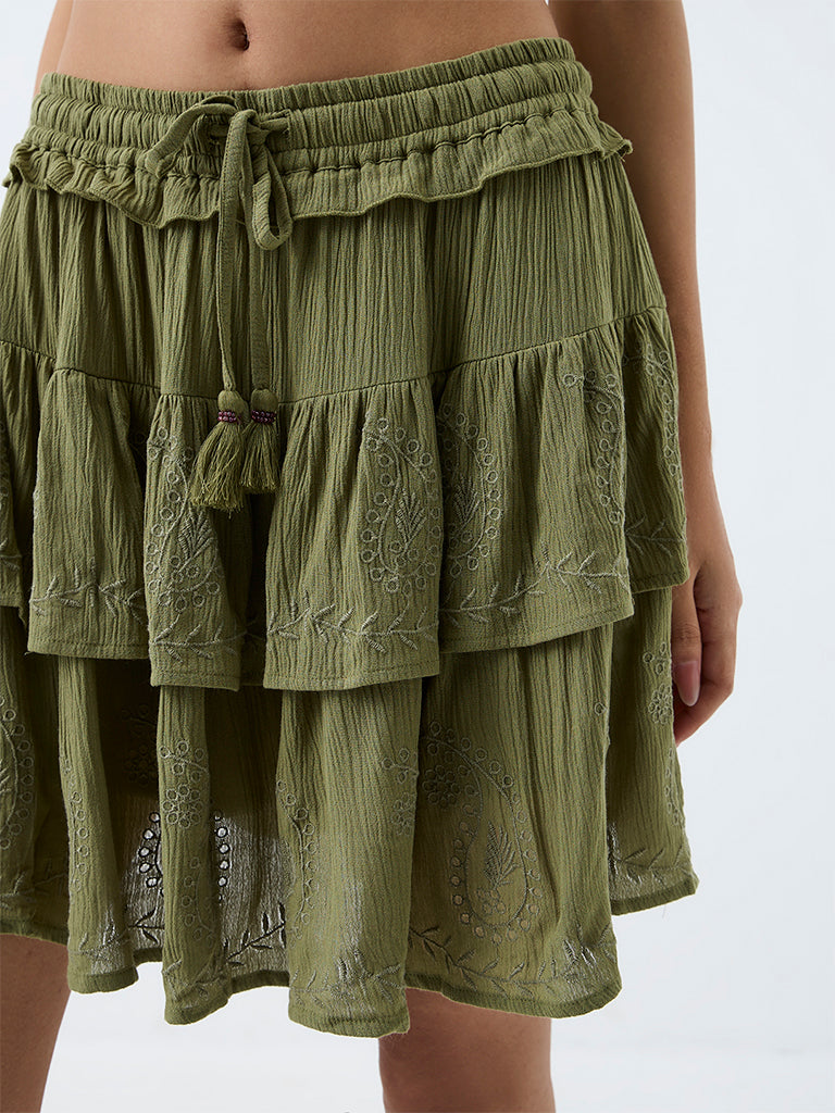 Bombay Paisley Olive Embroidered High-Rise Tiered Skirt