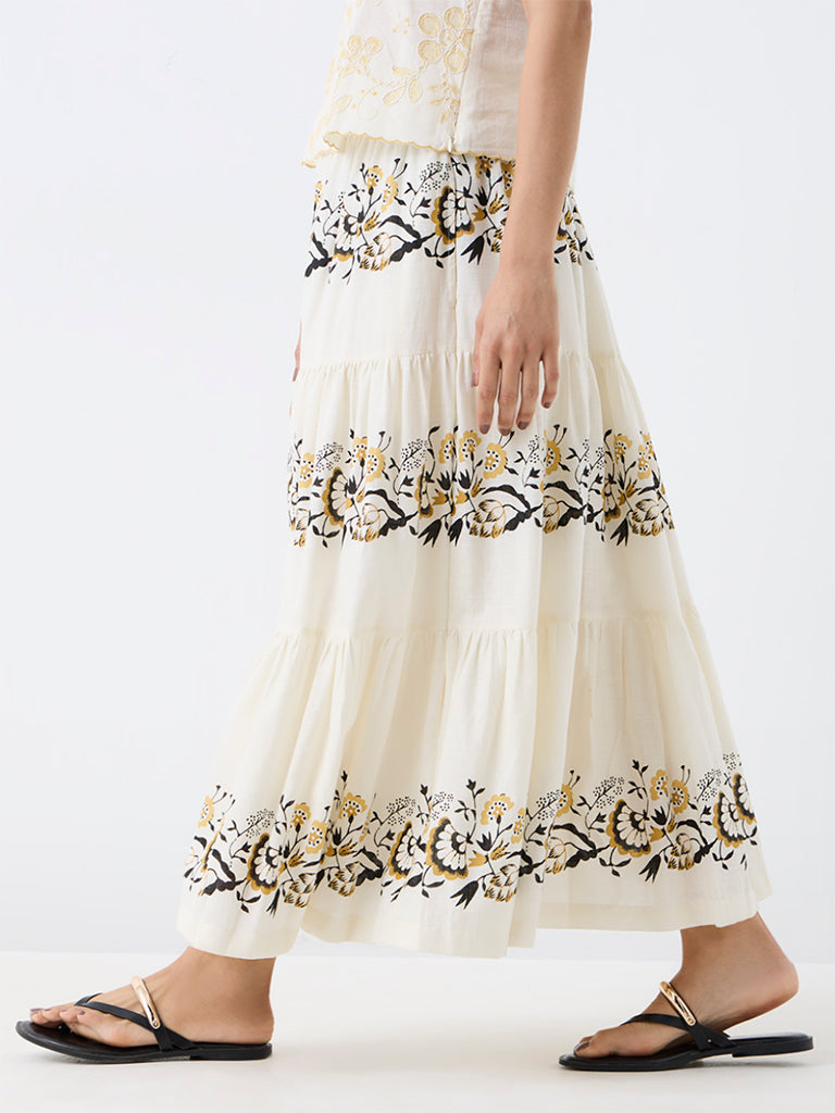 Bombay Paisley Off-White Floral Printed High-Rise Tiered Cotton Skirt