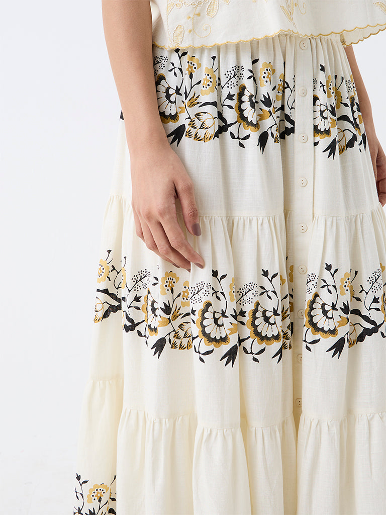 Bombay Paisley Off-White Floral Printed High-Rise Tiered Cotton Skirt