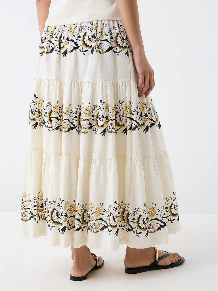 Bombay Paisley Off-White Floral Printed High-Rise Tiered Cotton Skirt