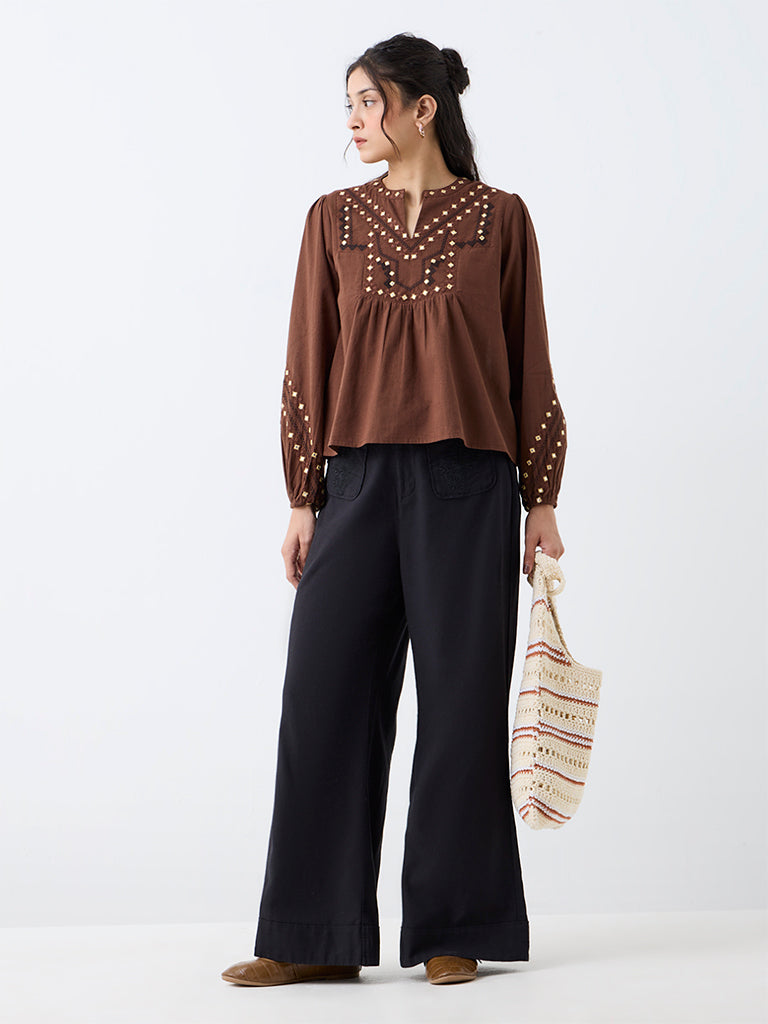 Bombay Paisley Black Floral Embroidered High-Rise Cotton-Blend Trousers with Belt