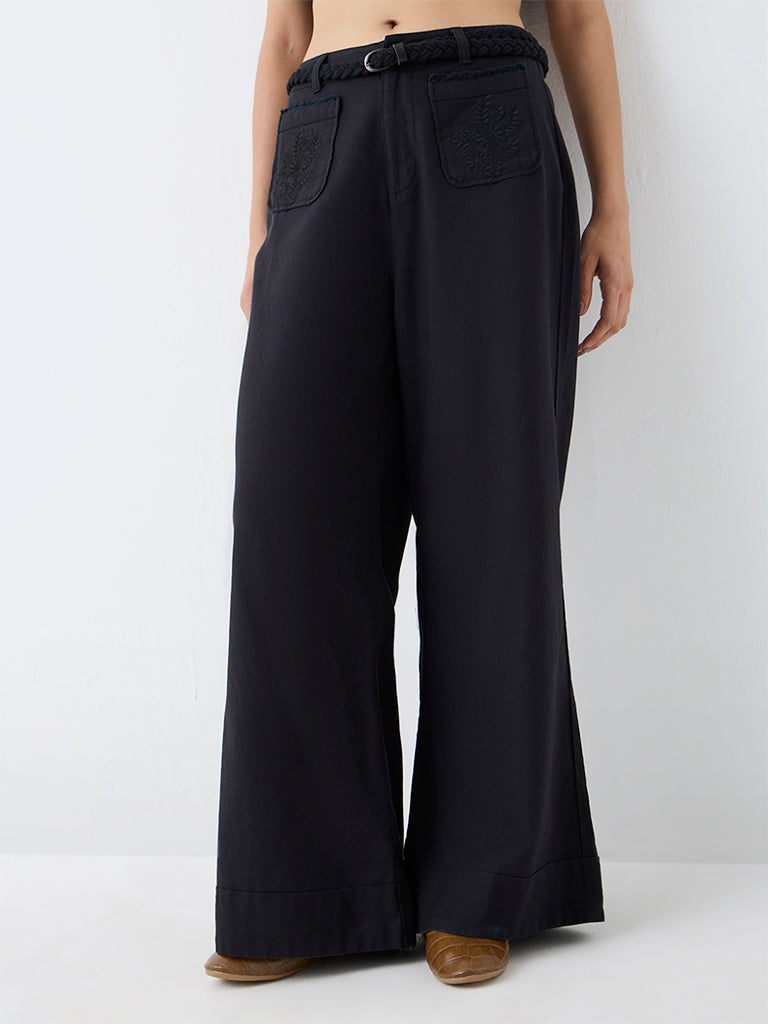 Bombay Paisley Black Floral Embroidered High-Rise Cotton-Blend Trousers with Belt