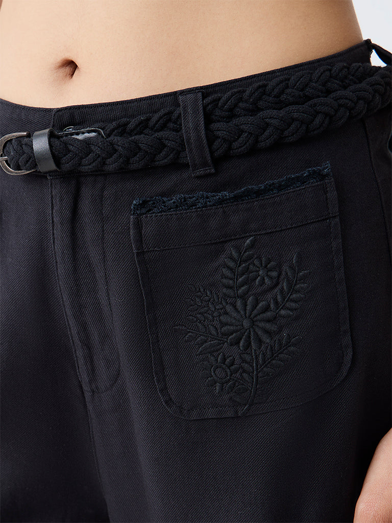 Bombay Paisley Black Floral Embroidered High-Rise Cotton-Blend Trousers with Belt