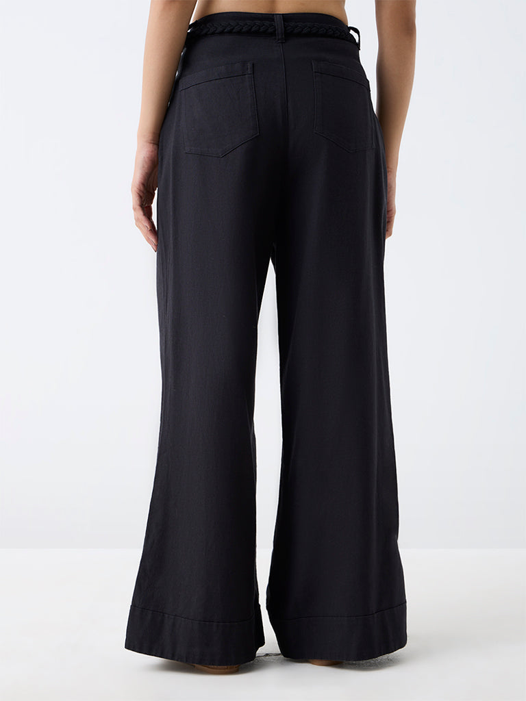 Bombay Paisley Black Floral Embroidered High-Rise Cotton-Blend Trousers with Belt